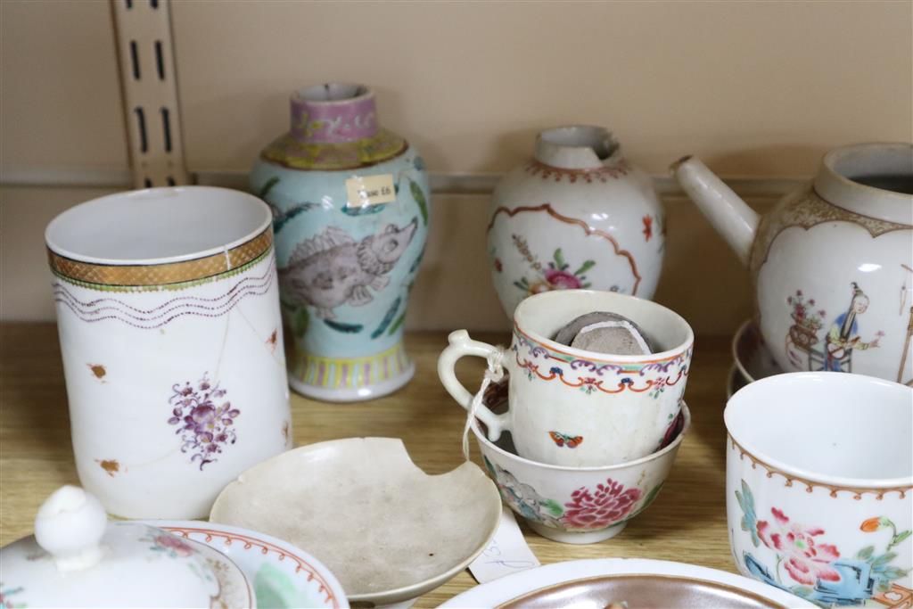 A collection of 18th century Chinese enamelled tea bowls, cups and saucers etc, mostly damaged